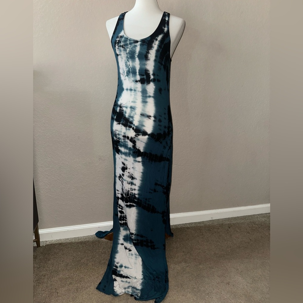 Elegant Tie-Dye Maxi Dress  - Blue and White